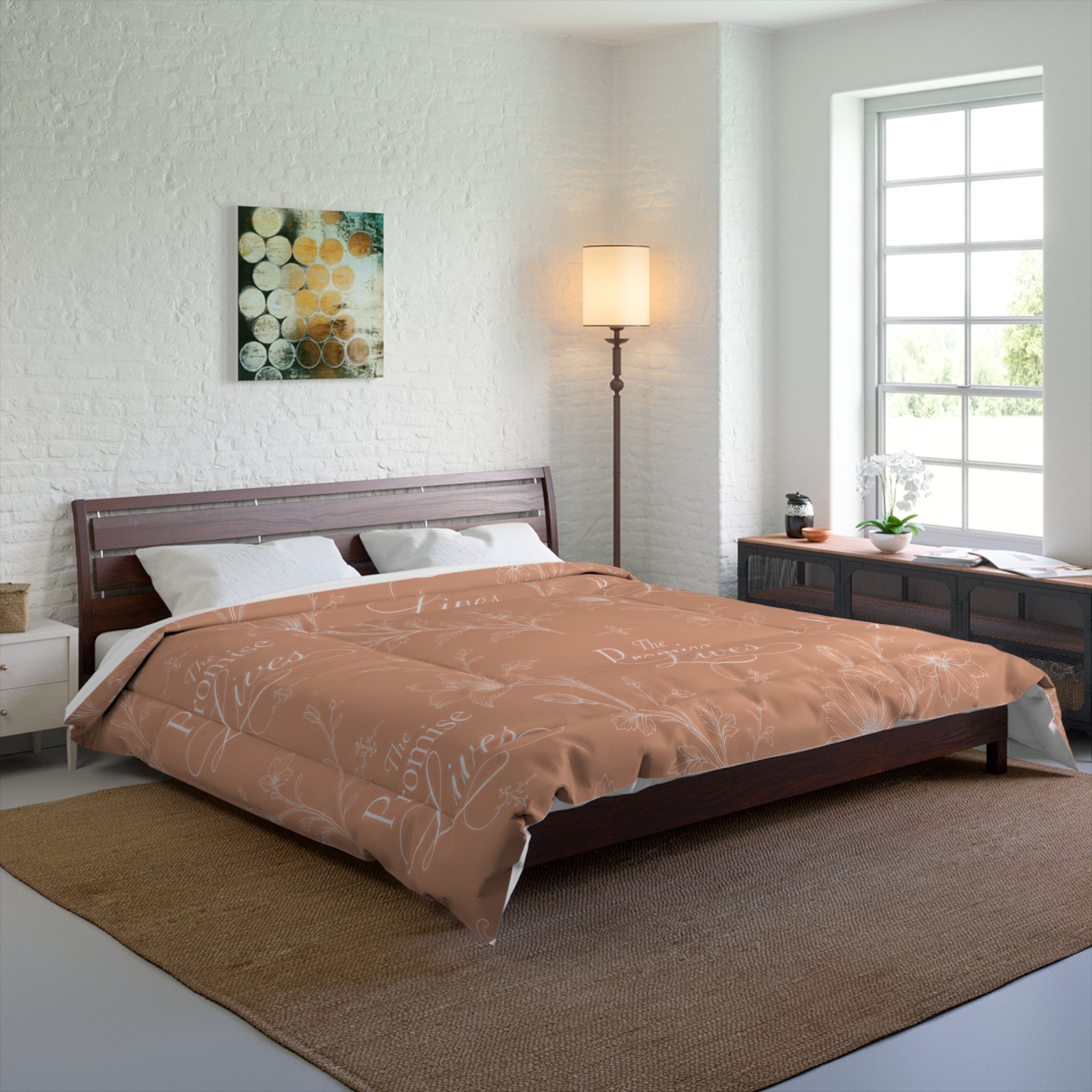 Comforter - 'The Promise Lives' Floral Script Comforter, Warm Earth-Tone Bedding for Inspirational Bedroom Decor