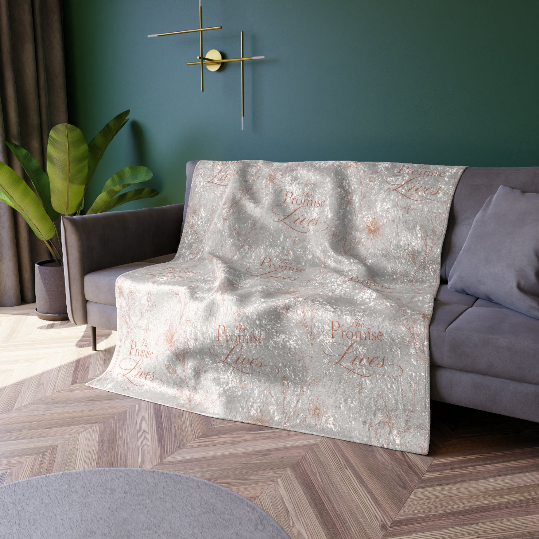 Crushed Velvet Throw Blanket — Luxe Rose Gold Texture Blanket with Subtle Script Pattern