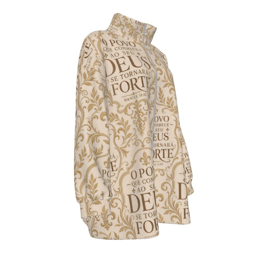 All-Over Print Unisex Borg Fleece Stand-up Collar Coat With Zipper Closure(Plus Size)