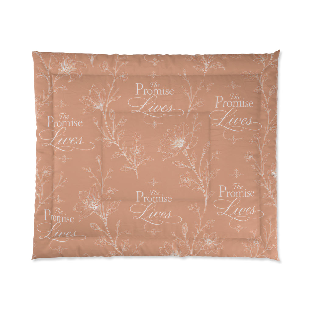 Comforter - 'The Promise Lives' Floral Script Comforter, Warm Earth-Tone Bedding for Inspirational Bedroom Decor