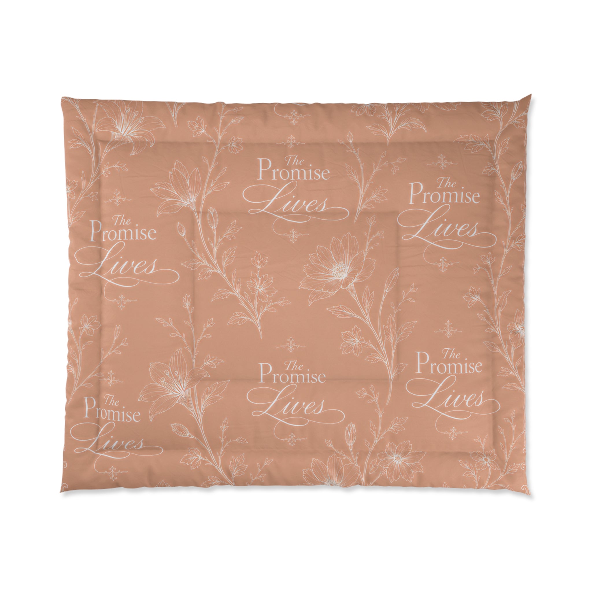 Comforter - 'The Promise Lives' Floral Script Comforter, Warm Earth-Tone Bedding for Inspirational Bedroom Decor